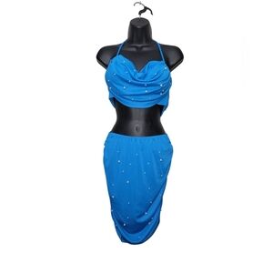 Sparkle Blue Two-Piece Set | Halter Crop Top & Pearl-Embellished Skirt
